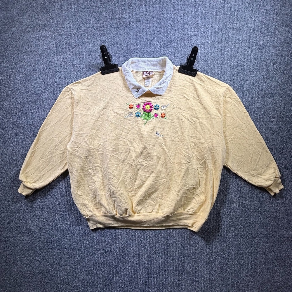 VTG Top Stitch by Morning Sun Sweatshirt Womens 3X Yellow Floral Embroidered 90s